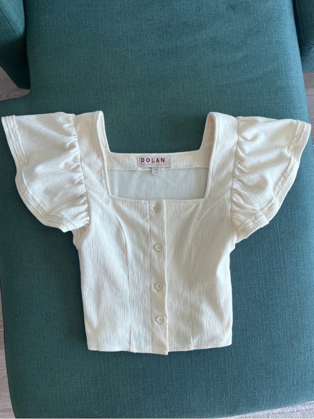 Cream Puff-Sleeve Square-Neck Button Front Cozy Top
